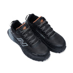 3-4 top view of a pair of black and grey New Balance Women's Cremorne Safety Sneaker (WEFCCAPBG) with New Balance logo on a white background.