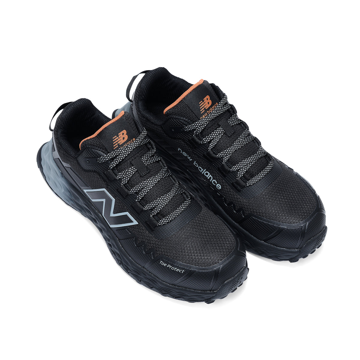 3-4 top view of a pair of black and grey New Balance Women's Cremorne Safety Sneaker (WEFCCAPBG) with New Balance logo on a white background.