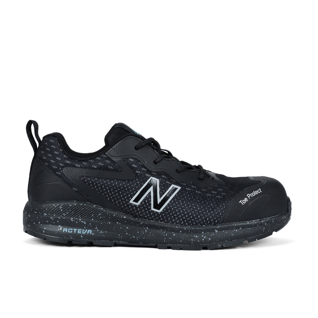 Side view of a black/blue New Balance Women's Logic Composite Toe Shoe (WIDLOGI) with logos on a white background.