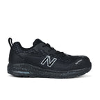 Side view of a black/blue New Balance Women's Logic Composite Toe Shoe (WIDLOGI) with logos on a white background.