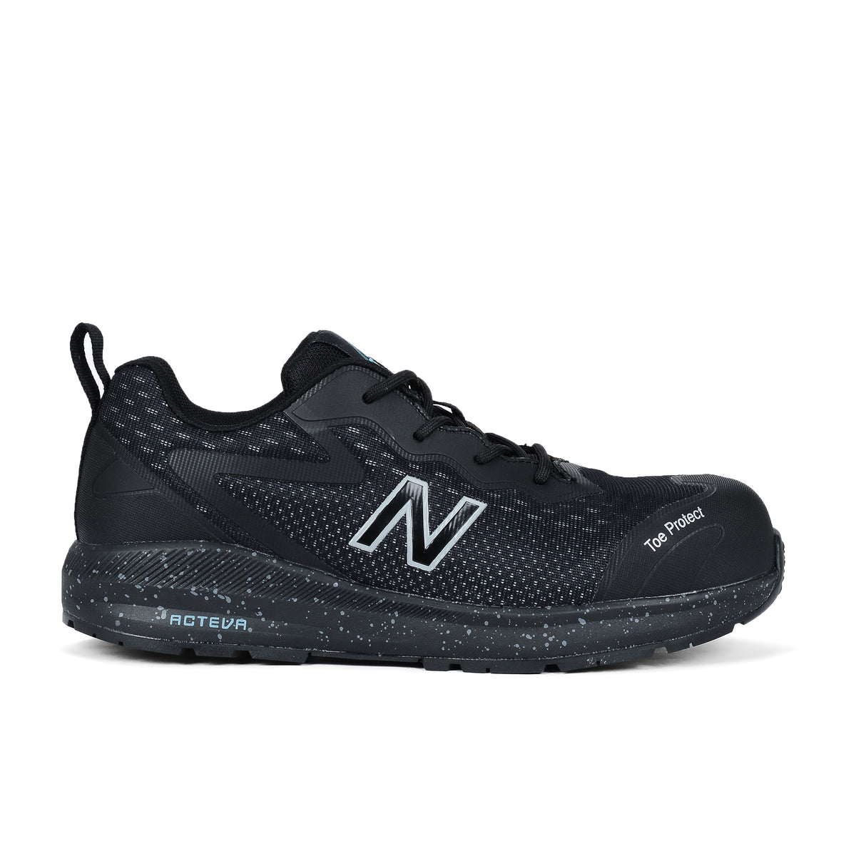 Side view of a black/blue New Balance Women's Logic Composite Toe Shoe (WIDLOGI) with logos on a white background.