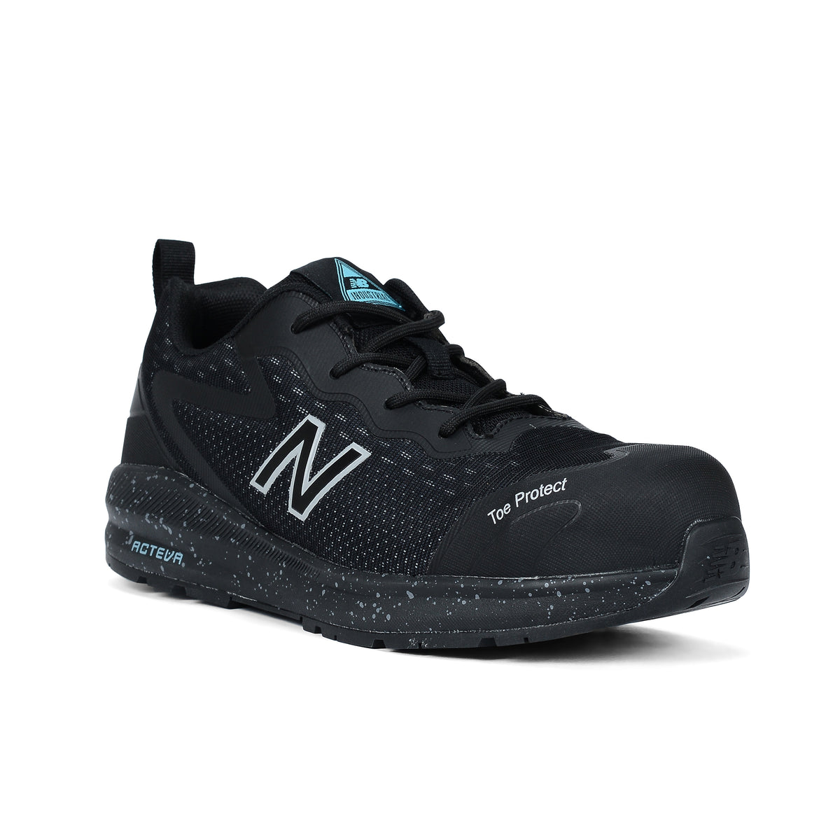 3-4 front view of a black/blue New Balance Women's Logic Composite Toe Shoe (WIDLOGI) with logos on a white background.