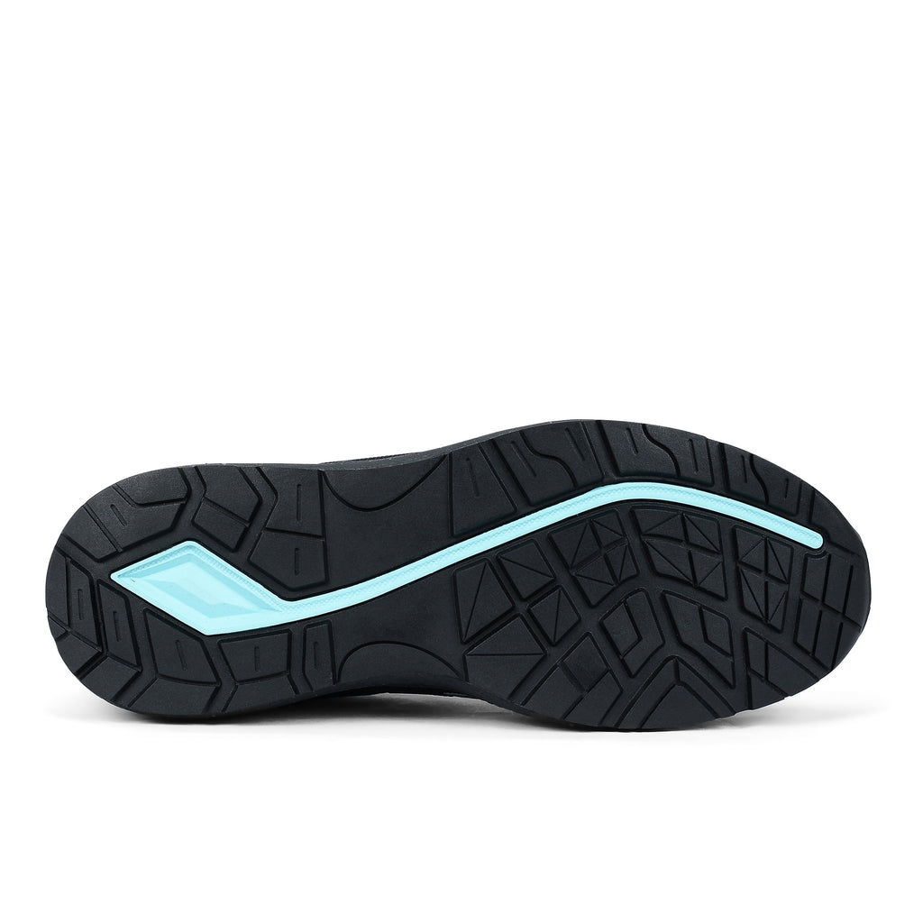 Sole view of a black/blue New Balance Women's Logic Composite Toe Shoe (WIDLOGI) with logos on a white background.