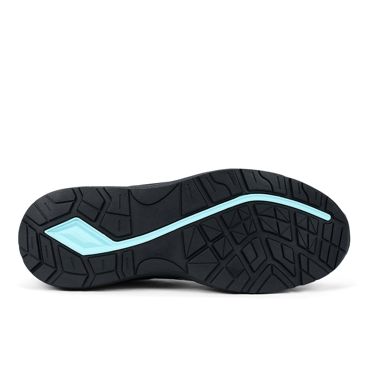 Sole view of a black/blue New Balance Women's Logic Composite Toe Shoe (WIDLOGI) with logos on a white background.