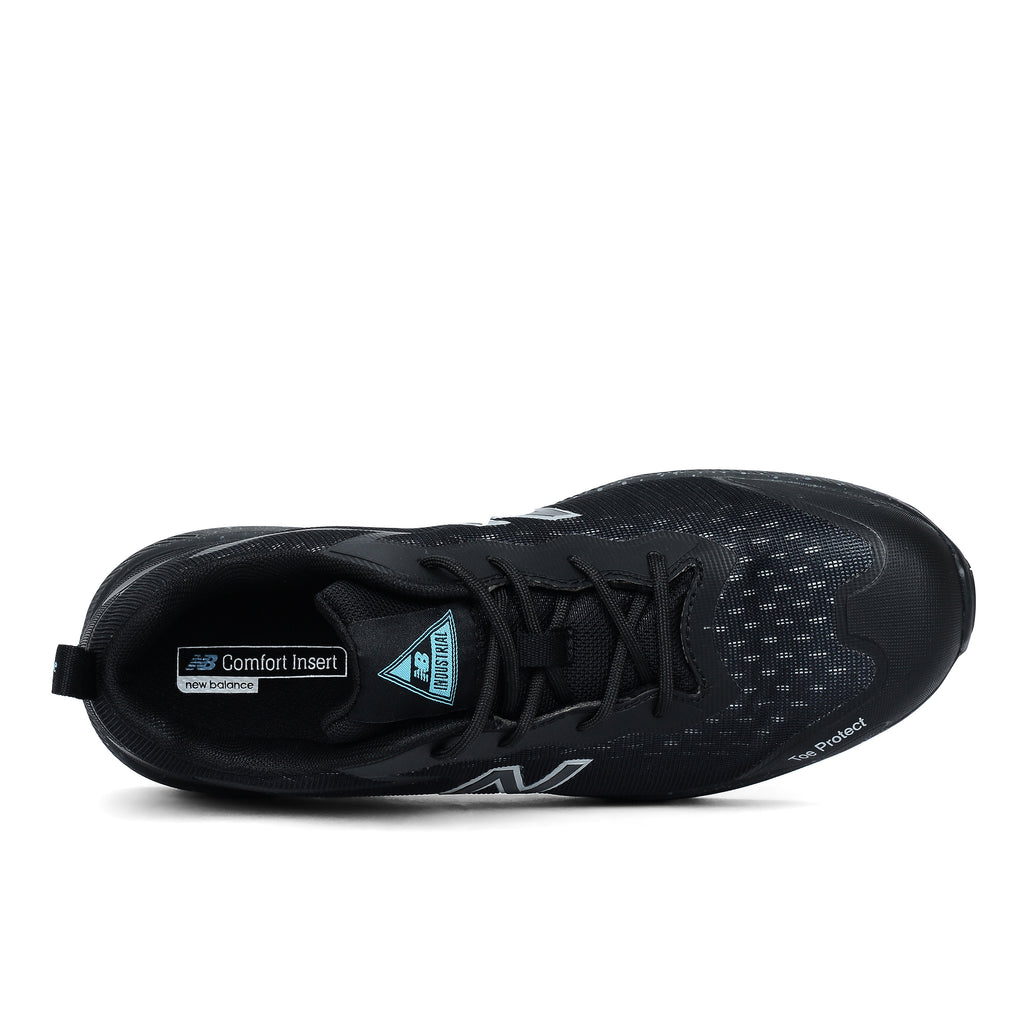 Top view of a black/blue New Balance Women's Logic Composite Toe Shoe (WIDLOGI) with logos on a white background.