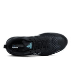 Top view of a black/blue New Balance Women's Logic Composite Toe Shoe (WIDLOGI) with logos on a white background.