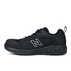 Side view of a black/blue New Balance Women's Logic Composite Toe Shoe (WIDLOGI) with logos on a white background.
