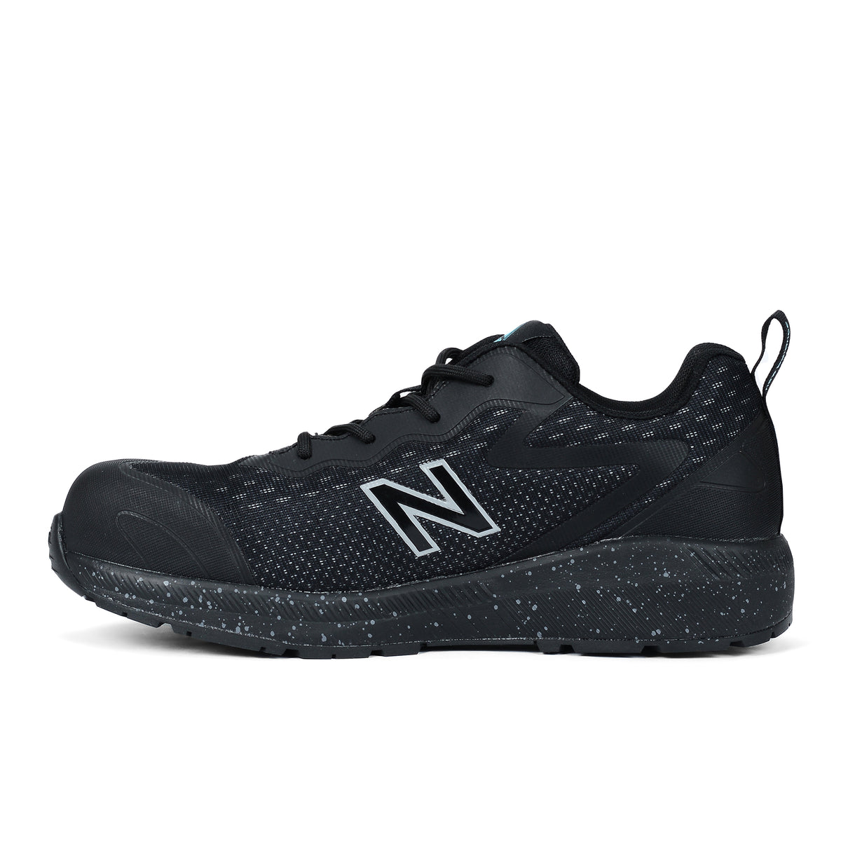 Side view of a black/blue New Balance Women's Logic Composite Toe Shoe (WIDLOGI) with logos on a white background.