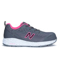 Side view of a grey and pink New Balance Women's Logic Composite Toe Sneaker style Shoe (WIDLOGI) with pink accents and logo detail on a white background.