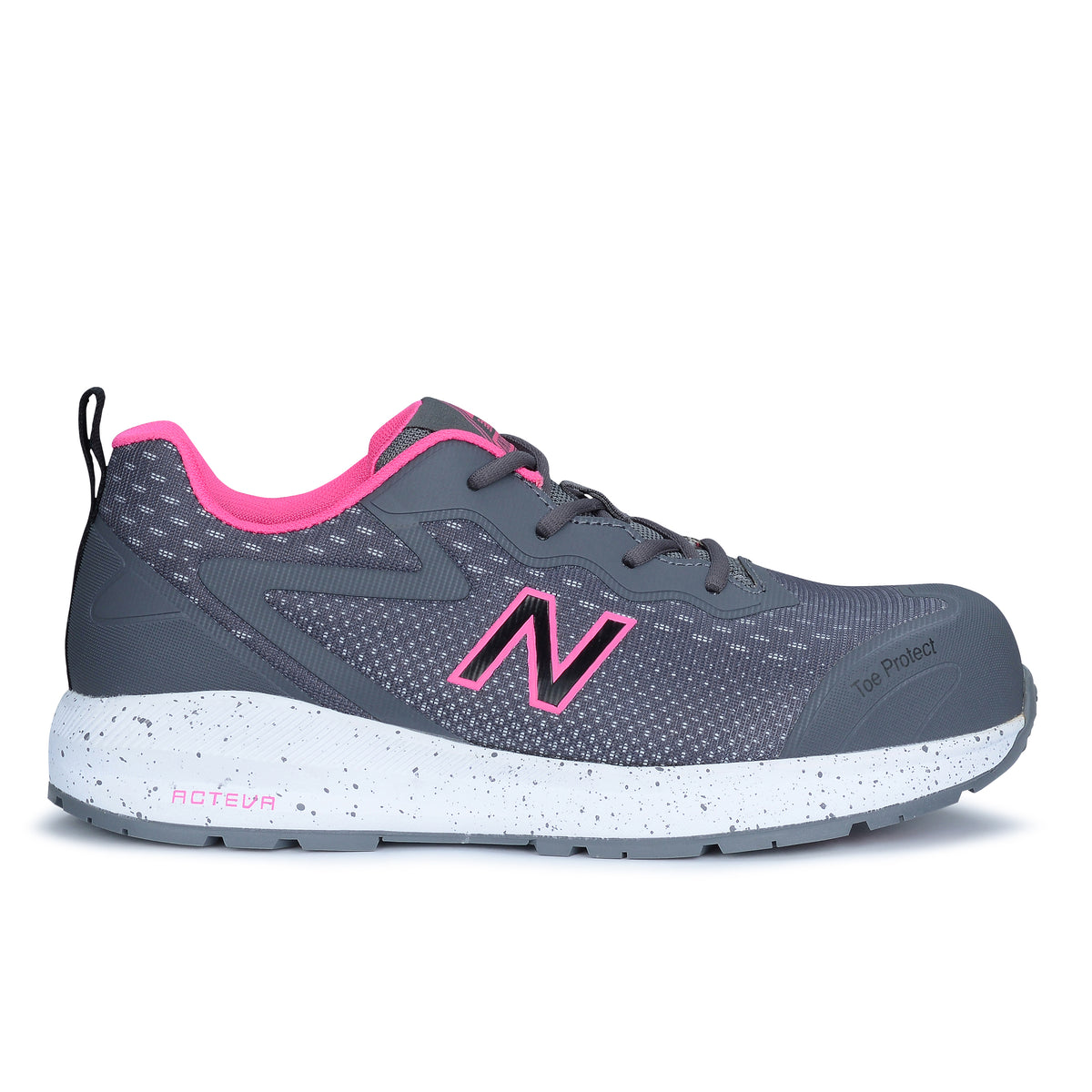 Side view of a grey and pink New Balance Women's Logic Composite Toe Sneaker style Shoe (WIDLOGI) with pink accents and logo detail on a white background.