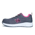 Side view of a grey and pink New Balance Women's Logic Composite Toe Sneaker style Shoe (WIDLOGI) with pink accents and logo detail on a white background.