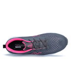 Top view of a grey and pink New Balance Women's Logic Composite Toe Sneaker style Shoe (WIDLOGI) with pink accents and logo detail on a white background.