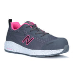 3-4 front view of a grey and pink New Balance Women's Logic Composite Toe Sneaker style Shoe (WIDLOGI) with pink accents and logo detail on a white background.