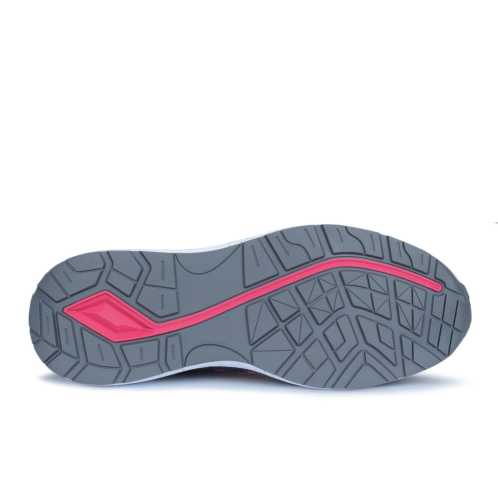 Sole view of a grey and pink New Balance Women's Logic Composite Toe Sneaker style Shoe (WIDLOGI) with pink accents on a white background.