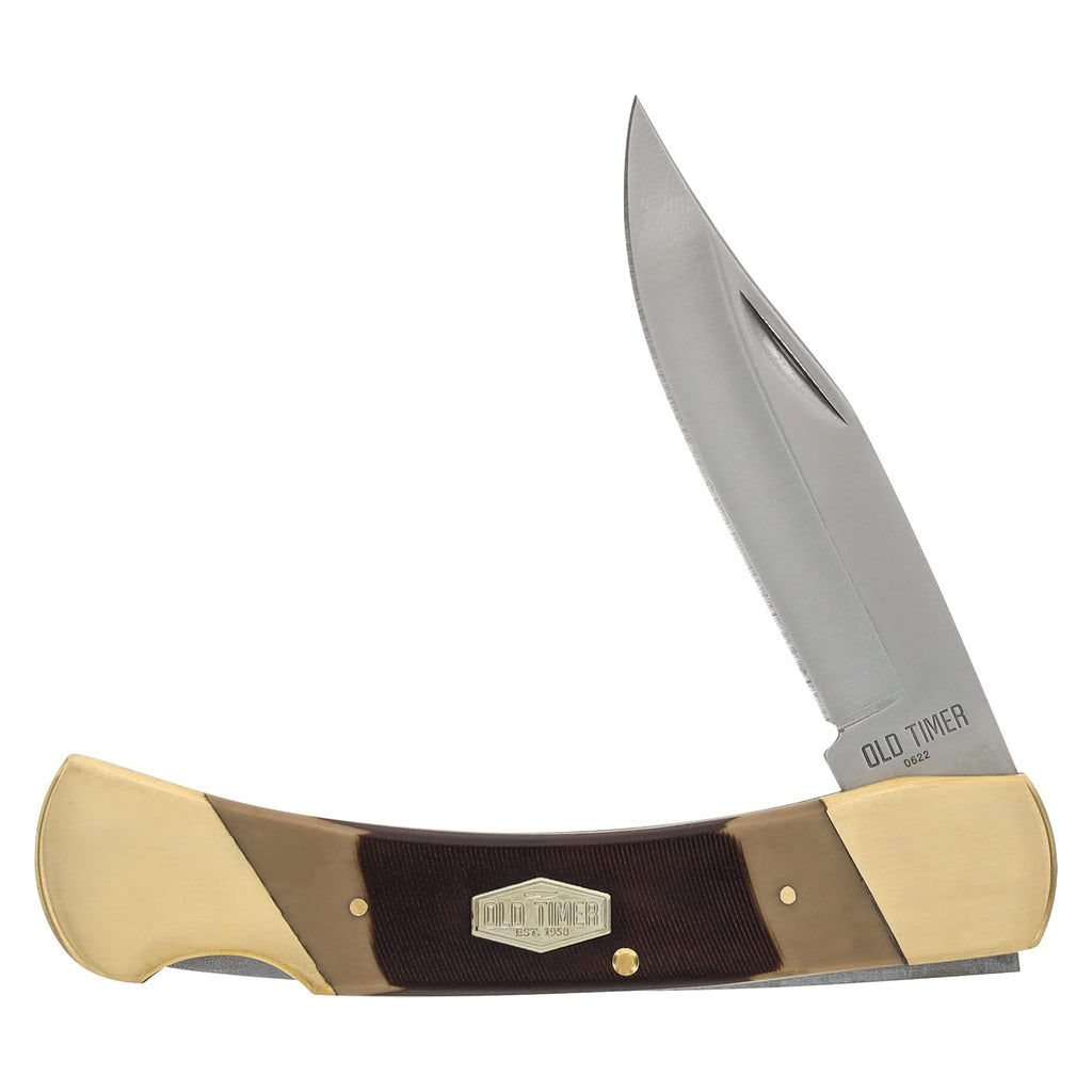 A Old Timer Cave Bear Knife (7OT) with a satin-finished steel blade and a two-tone handle with brass bolsters. The brand 'Old Timer' is clearly visible on both the blade and the central handle badge.