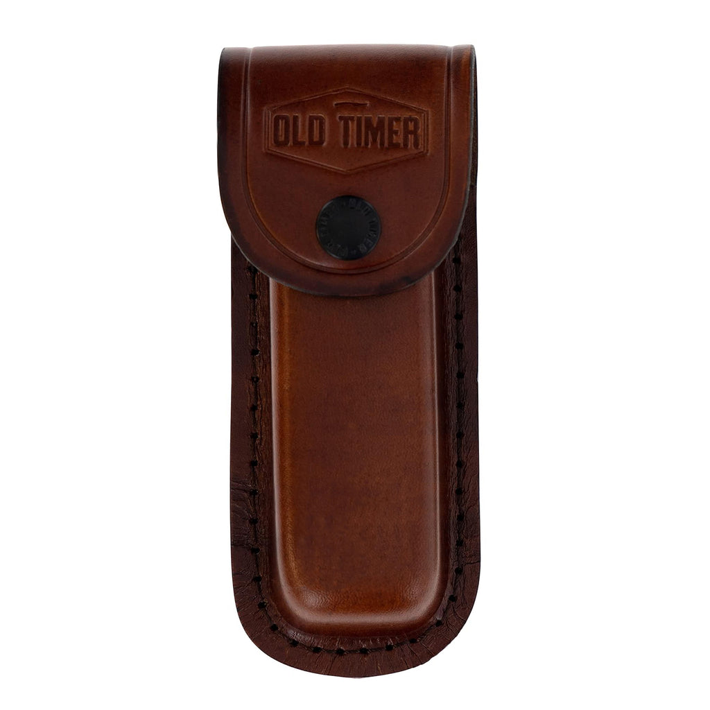 A brown leather knife sheath with a snap closure and an embossed 'OLD TIMER' logo on the flap for an Old Timer Cave Bear Knife (7OT), shown against a plain white background.