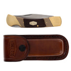 An Old Timer Cave Bear Knife with Leather Pouch (7OT) with a satin finish steel blade, tan and dark brown handle scales, brass bolsters and brass pins, shown above its matching brown leather sheath on a white background.