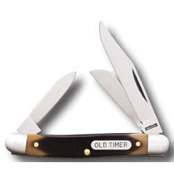 A classic folding Old Timer Stock Knife 2 3/4" (38108OT) with three open blades, featuring a dark brown and tan tortoiseshell handle with brass rivets and a silver end caps. The handle has a silver badge reading 'OLD TIMER', set against a plain white background.