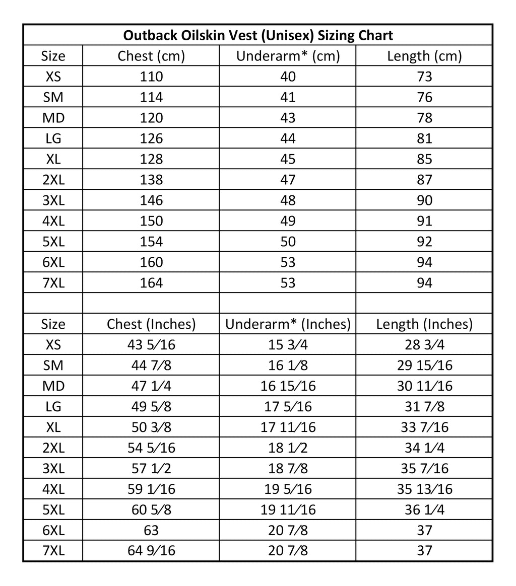 Outback Trading Unisex Fleece Lined Oilskin Vest (6036) Brown Sizing Chart