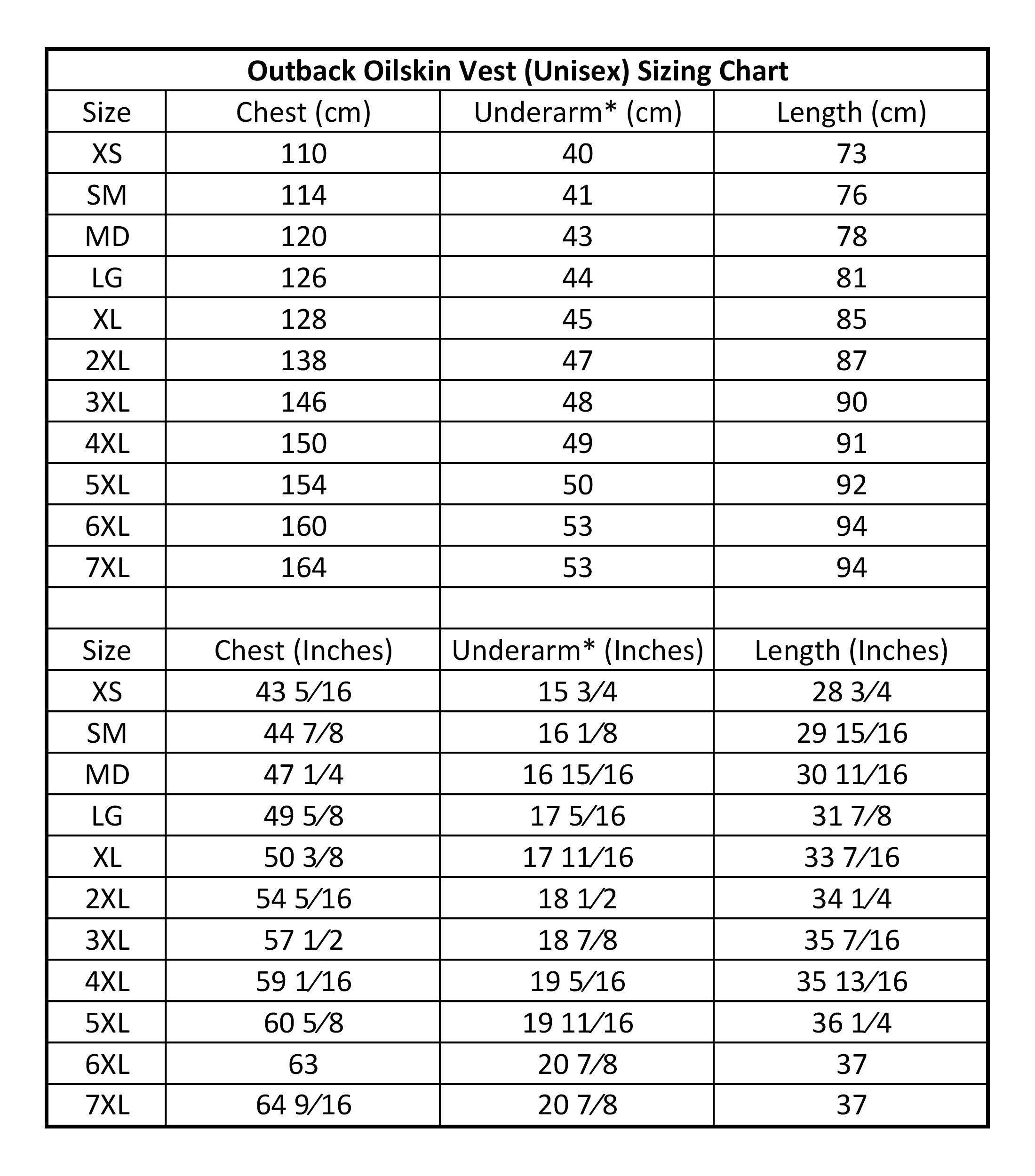 Outback Trading Unisex Fleece Lined Oilskin Vest (6036) Brown Sizing Chart