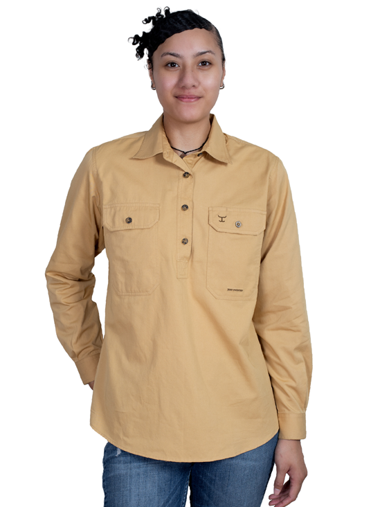 Just Country Womens Jahna L/S Half Button Work Shirt (50505SAN) Sand [SD]