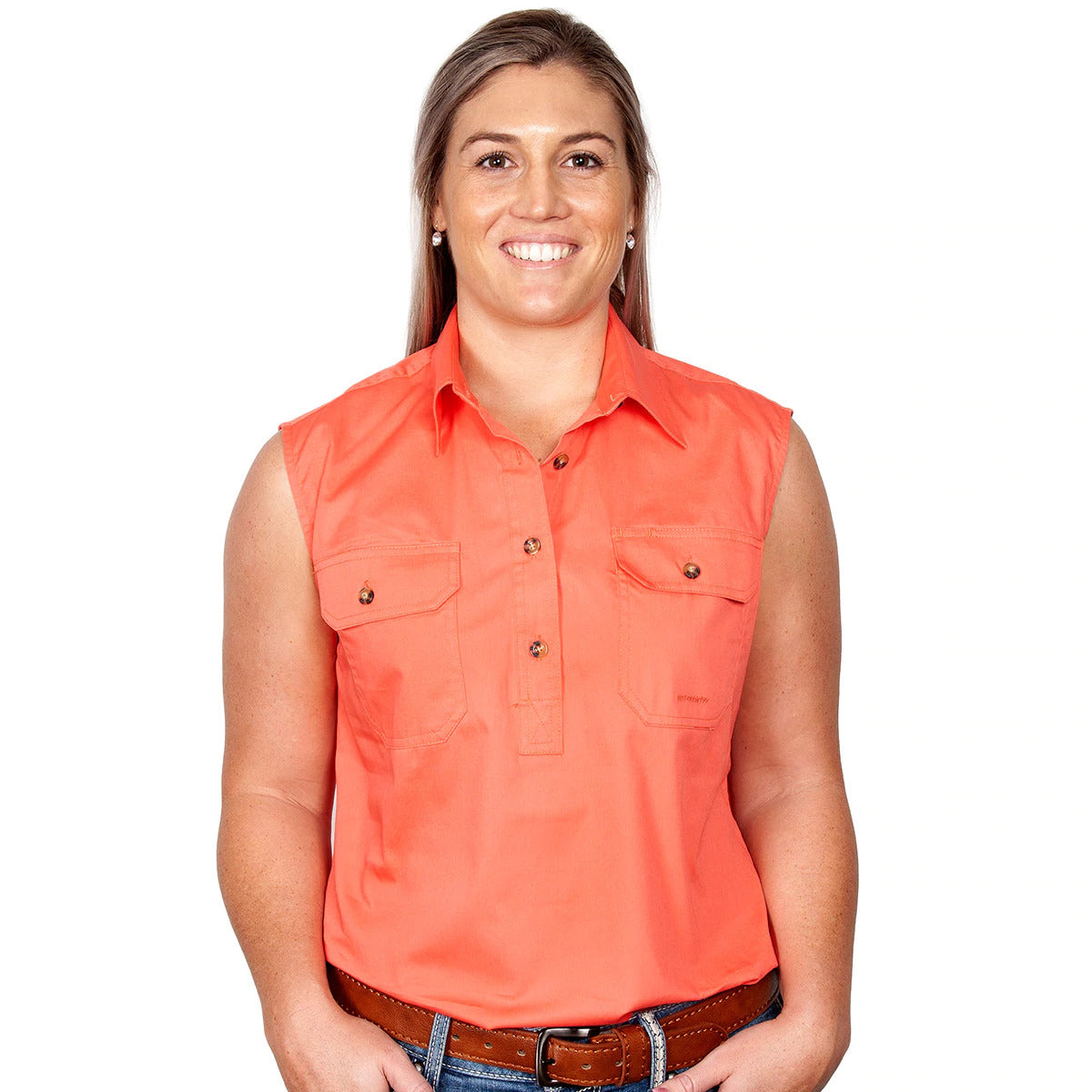 Just Country Womens Kerry Sleeveless Half Button Work Shirt (50503) Hot Coral