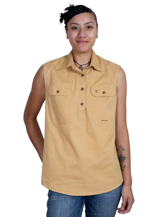 Just Country Womens Kerry Sleeveless Half Button Work Shirt (50503SAN) Sand [SD]