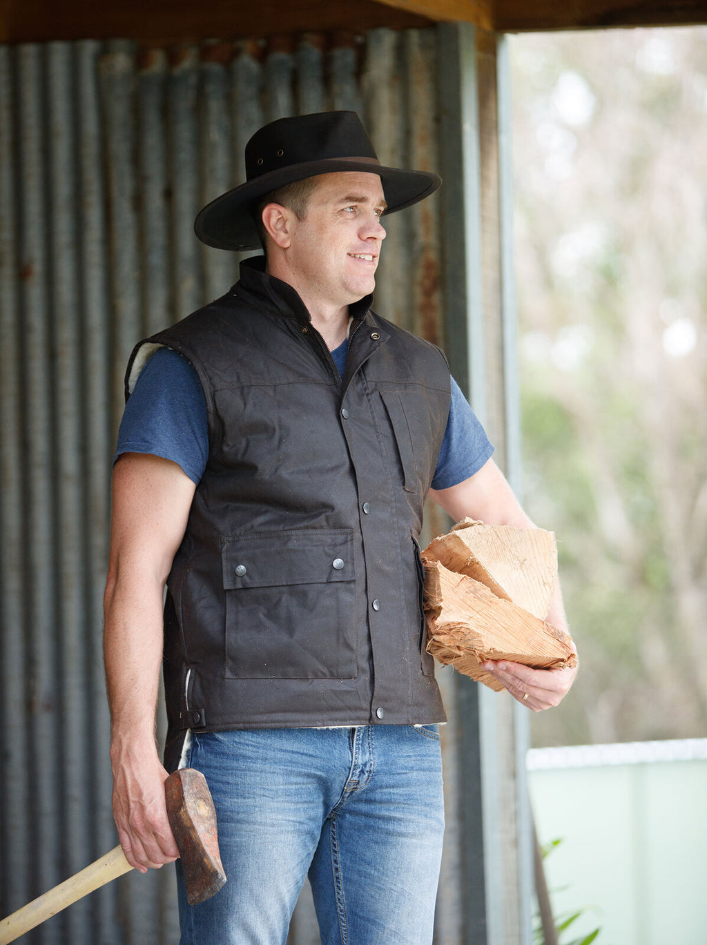 Outback Trading Mens Flemington Wool Lined Oilskin Vest (6131) Brown