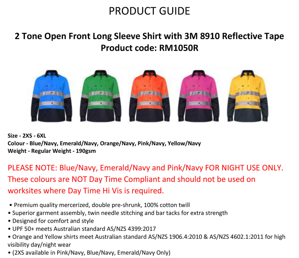 Ritemate Adults Hi Vis Open Front Shirt with Tape (RM1050R) Orange/Navy