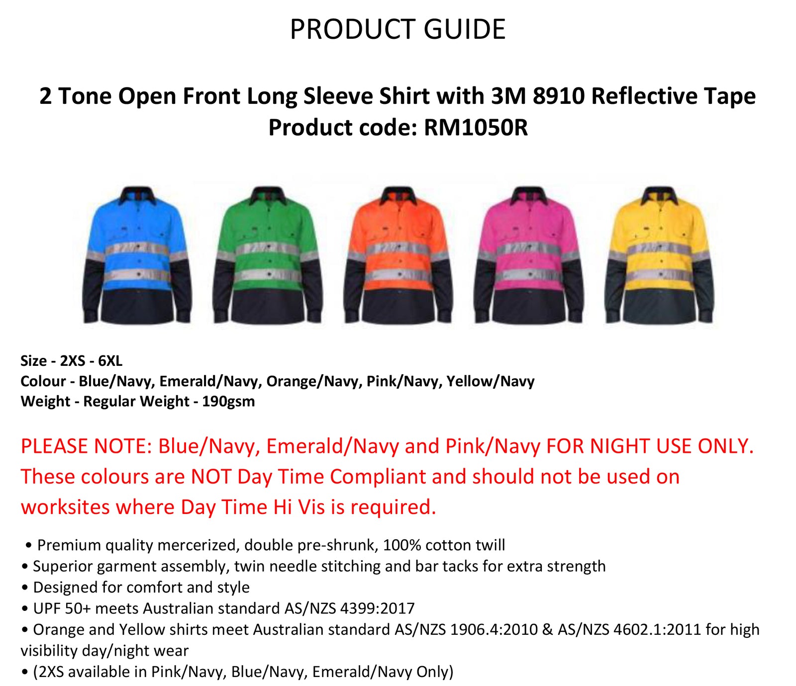 Ritemate Adults Hi Vis Open Front Shirt with Tape (RM1050R) Blue/Navy