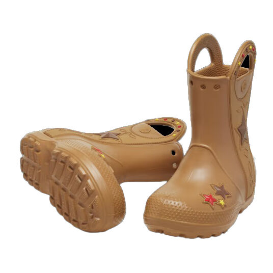 The Crocs Childrens Handle It Western Boots (212545-2HI) in Umber feature sturdy soles, star-shaped side and toe decorations, and easy pull-on handles—perfect tan gumboots for kids from Crocs.