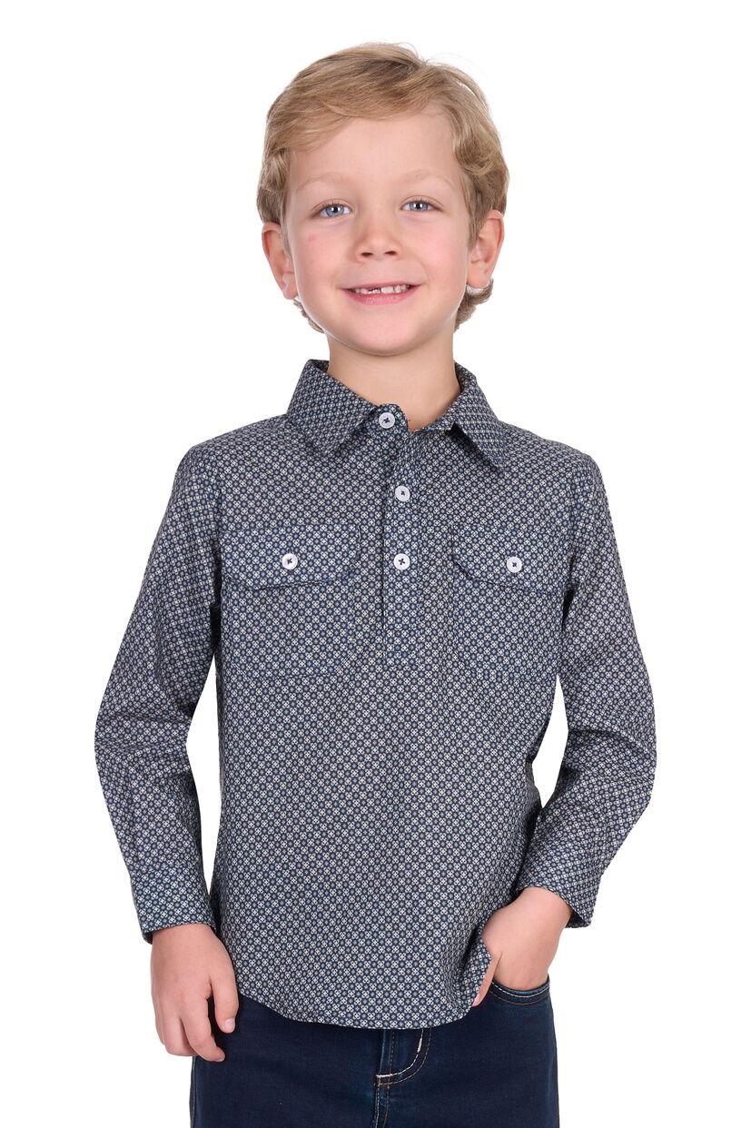 Hard Slog Childrens Tomson Half Button L/S Shirt (H5S7101184) Navy/Tan