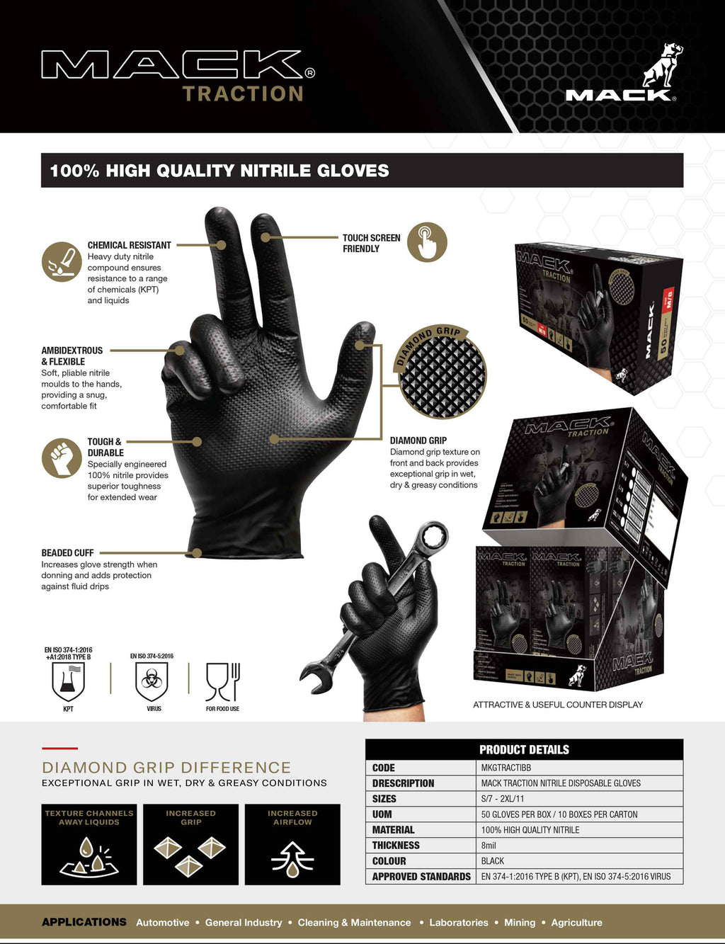 Mack Traction Nitrile Disposable Gloves Box of 50 (MKGTRACTIBB) Black