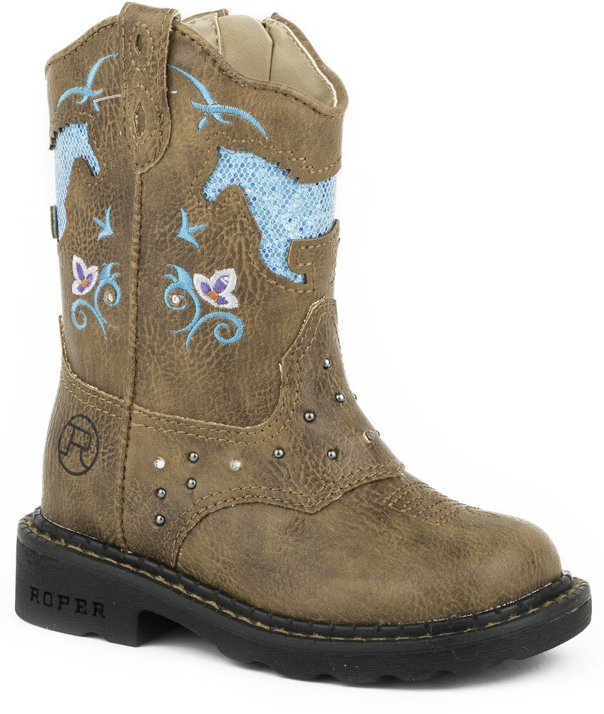 Roper Toddler Horse Flowers Light Up Western Boots (17202032) Tan