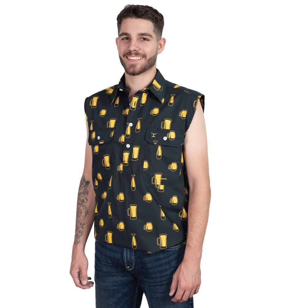 Just Country Mens Logan Half Button Sleeveless Print Shirt (MWNSR240) Black Ale [SD]
