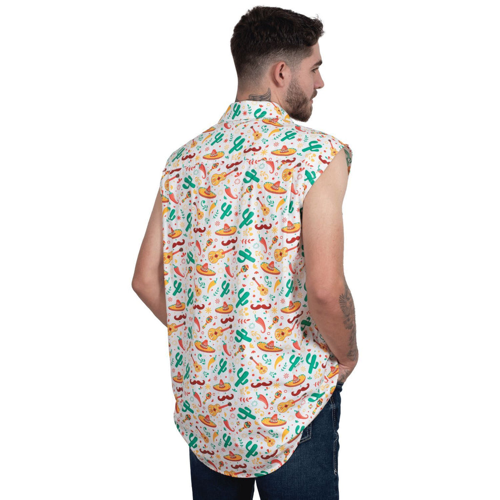 Just Country Mens Logan Half Button Sleeveless Print Shirt (MWNSR242) White Cactus/Chilli [SD]