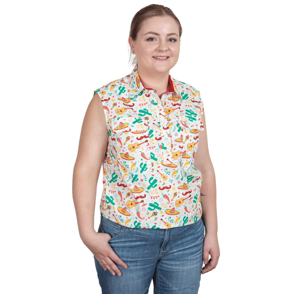 Just Country Womens Lilly Half Button Sleeveless Print Shirt (WWNSR242) White Cactus/Chilli [SD]