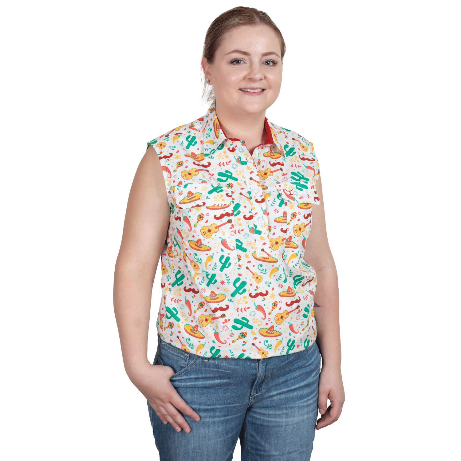Just Country Womens Lilly Half Button Sleeveless Print Shirt (WWNSR242) White Cactus/Chilli [SD]