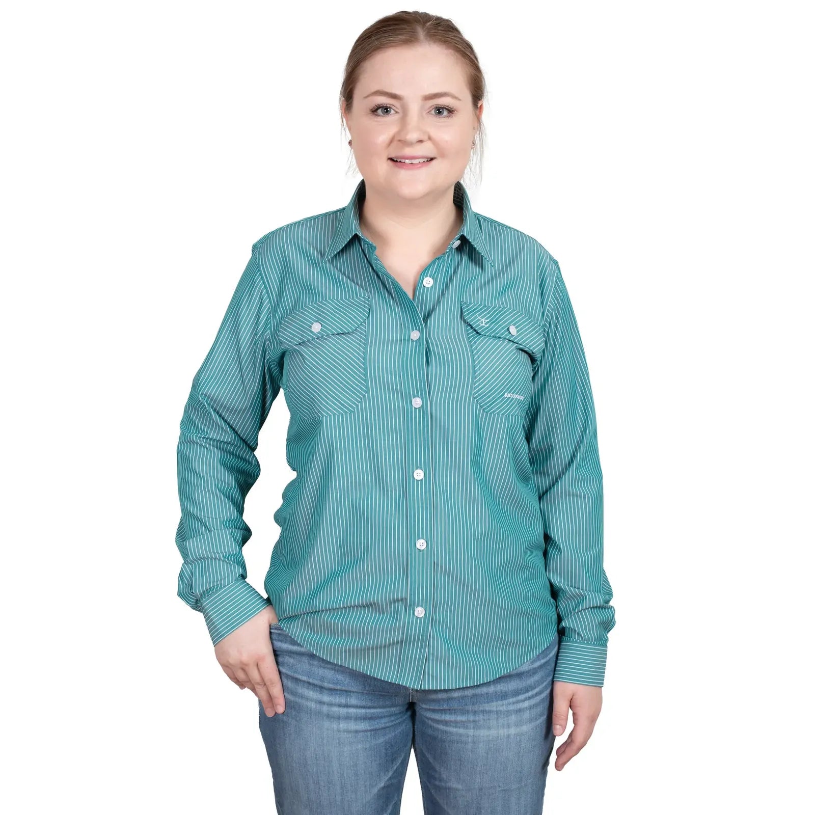 Just Country Womens Brooke Bamboo Blend Full Button L/S Work Shirt (WBLS2407) Green/White Stripe