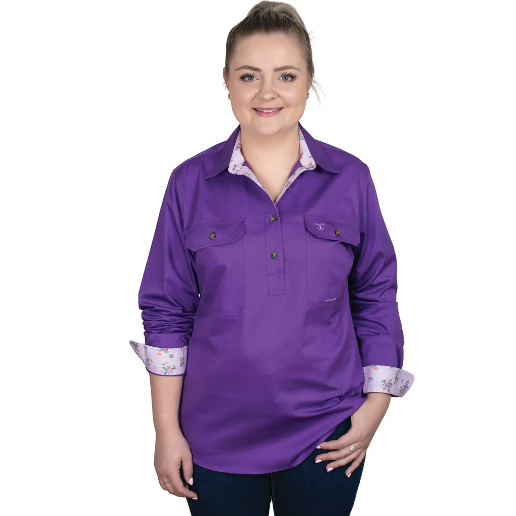 Just Country Womens Jahna Trim L/S Half Button Shirt (WWLS2508) Purple/Lavender Posey