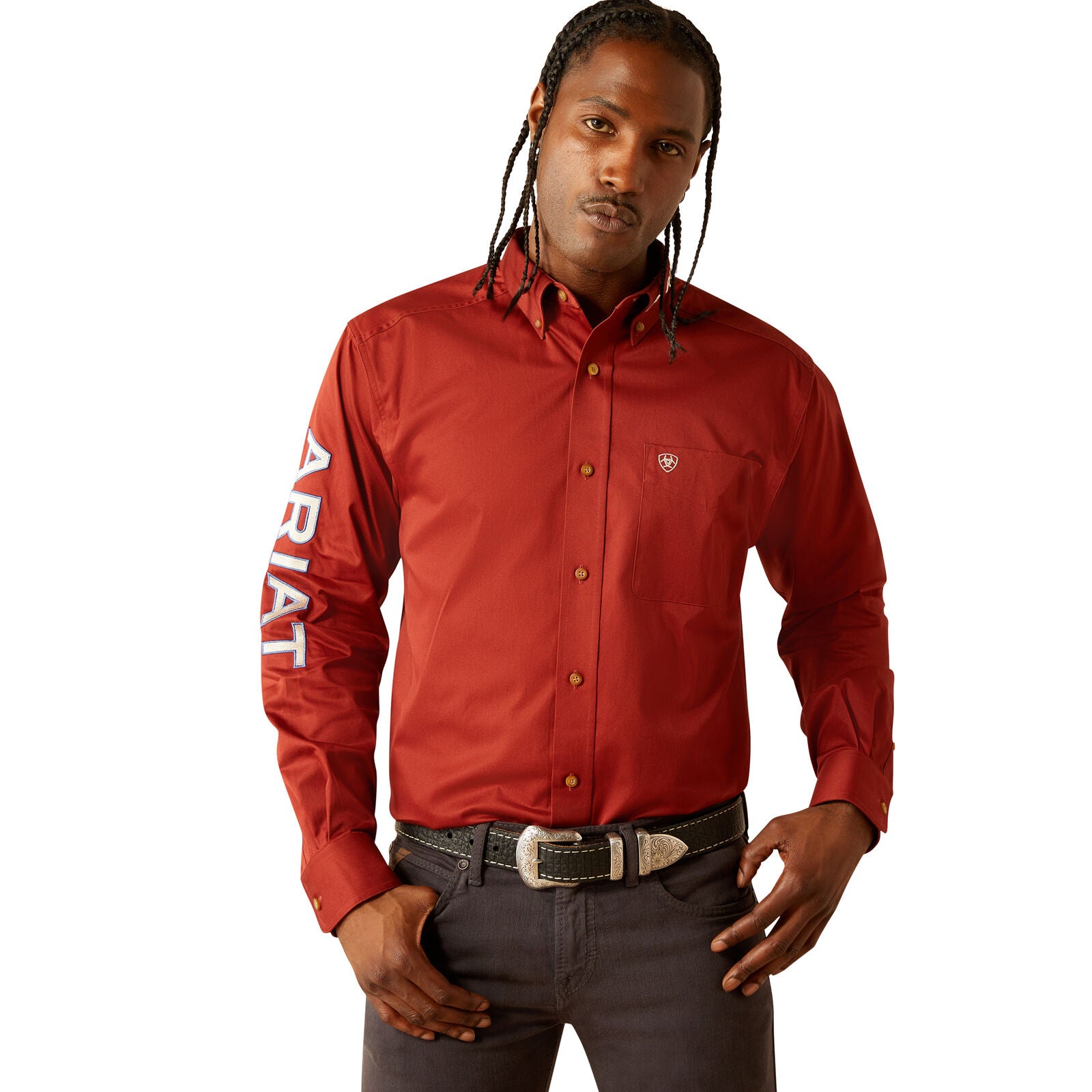 Ariat Mens Team Logo Twill Classic Fit L/S Shirt (10055288) Dark Red/Khaki