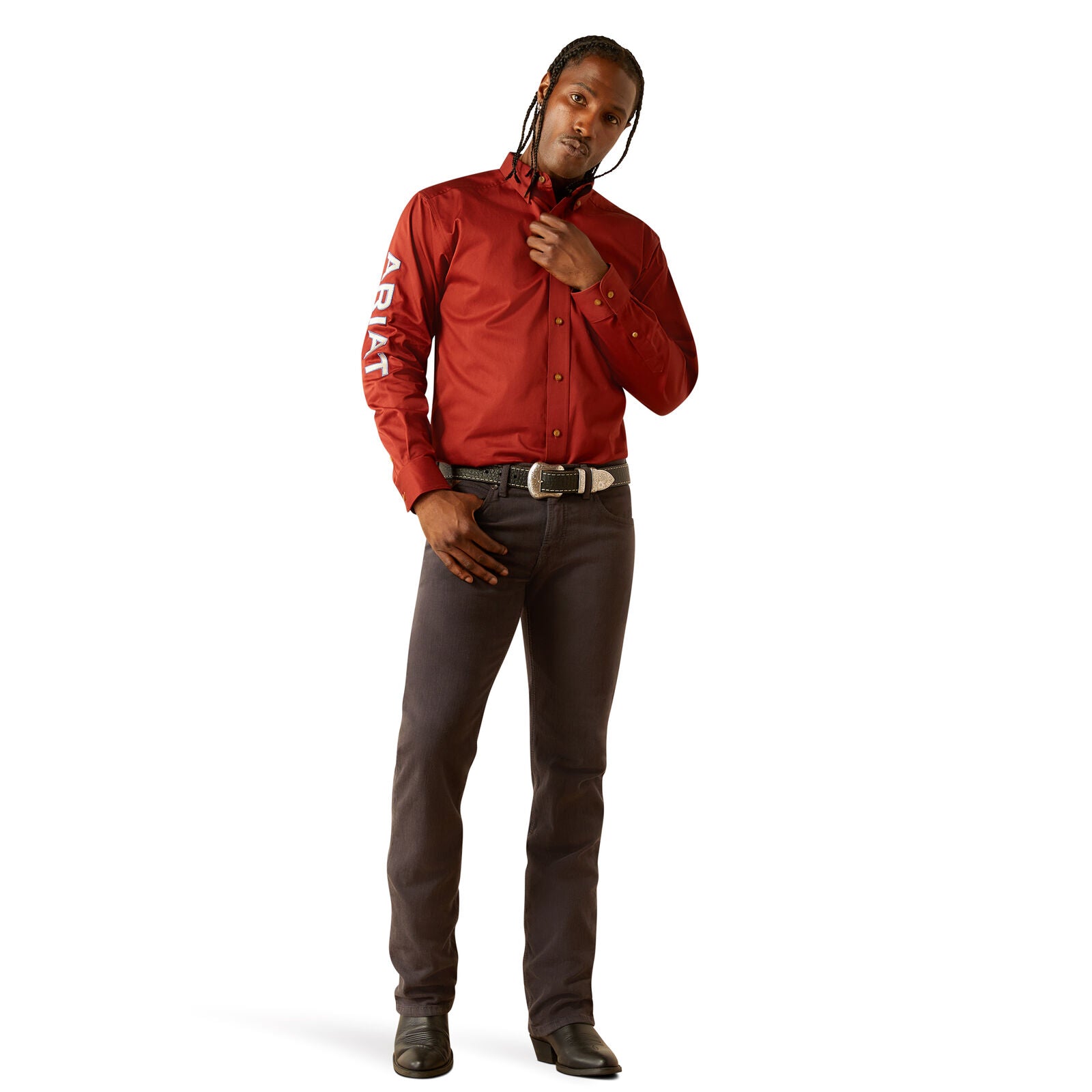 Ariat Mens Team Logo Twill Classic Fit L/S Shirt (10055288) Dark Red/Khaki