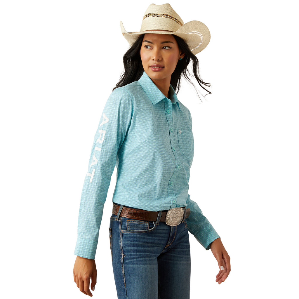 Ariat Womens Wrinkle Resistant Team Kirby Stretch L/S Shirt (10055087) Aruba Blue Ikat