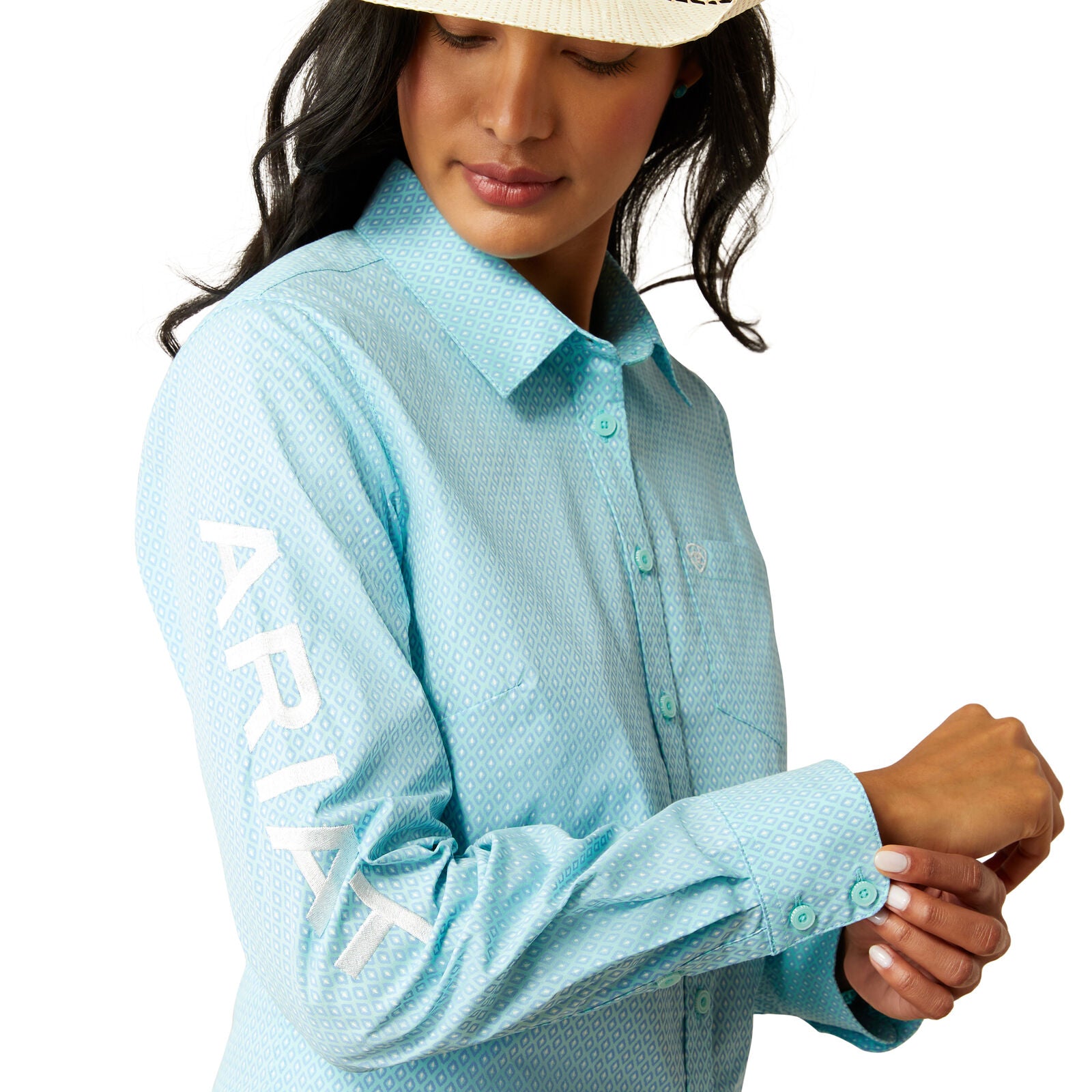 Ariat Womens Wrinkle Resistant Team Kirby Stretch L/S Shirt (10055087) Aruba Blue Ikat