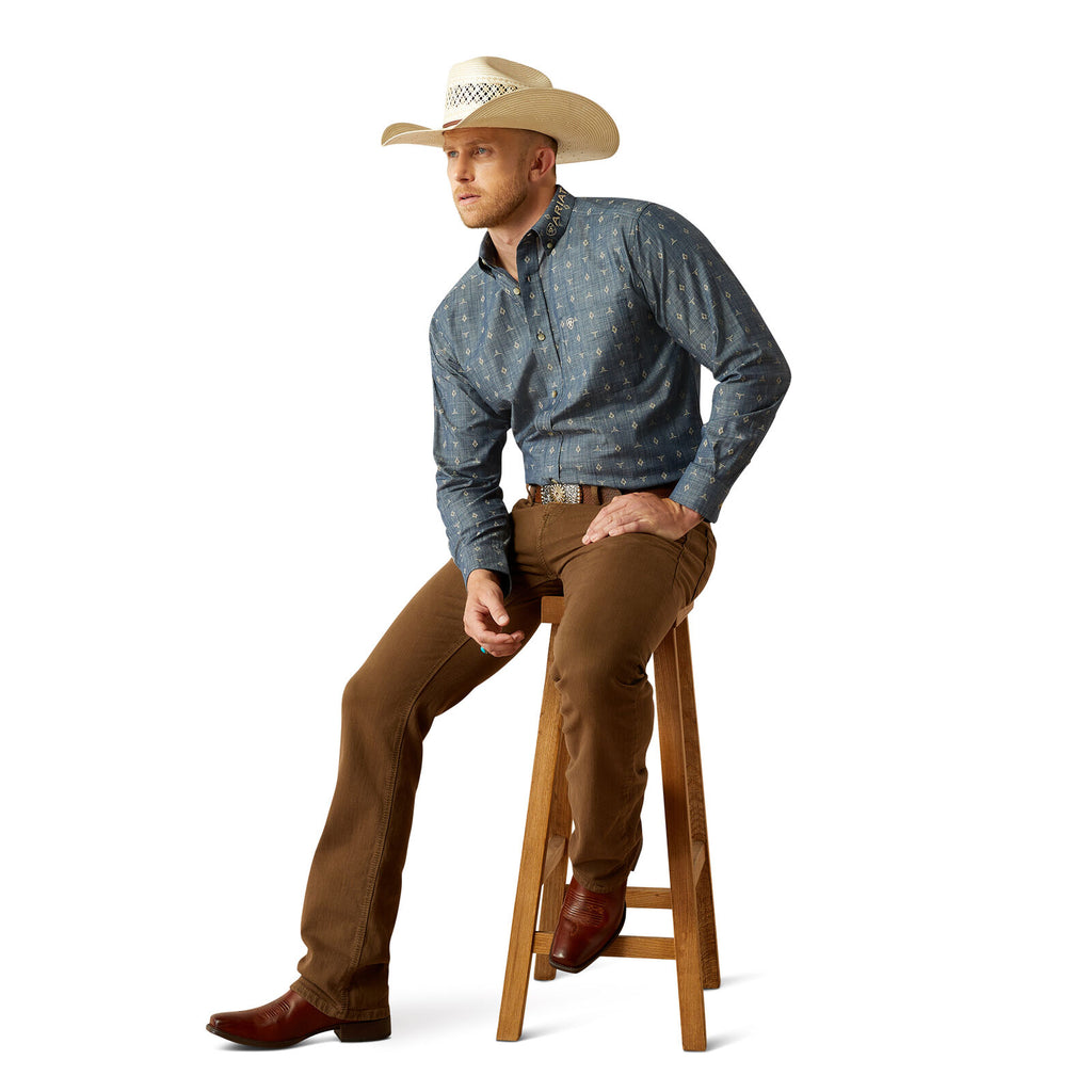 Ariat Mens Team Philibert Classic Fit L/S Shirt (10054732) Chambray Blue/Khaki