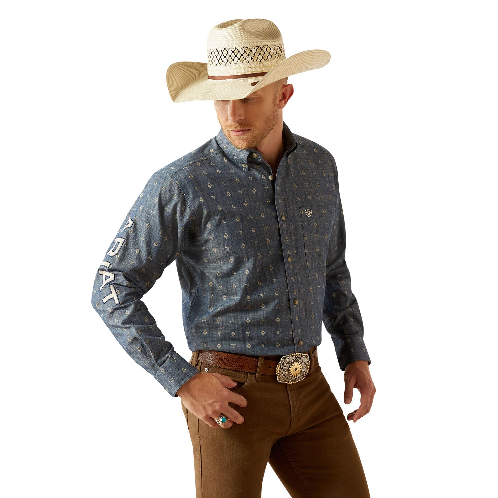 Ariat Mens Team Philibert Classic Fit L/S Shirt (10054732) Chambray Blue/Khaki