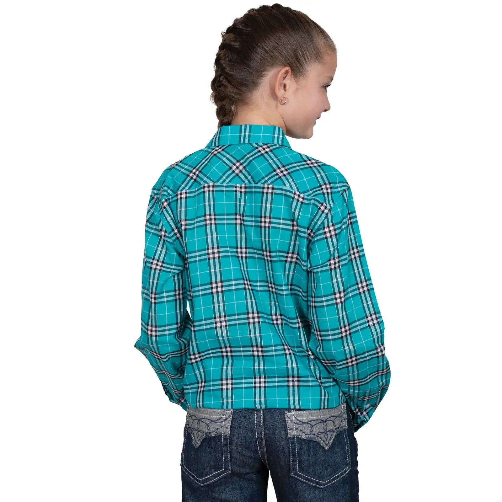 Just Country Girls Harper Half Button L/S Print Shirt (GWLS2549) Peacock Green Lurex Plaid