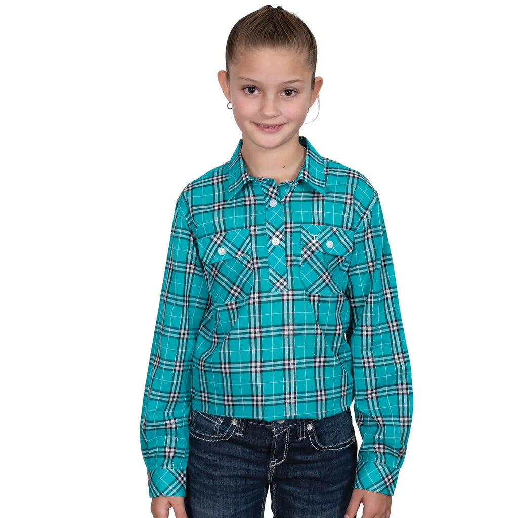 Just Country Girls Harper Half Button L/S Print Shirt (GWLS2549) Peacock Green Lurex Plaid