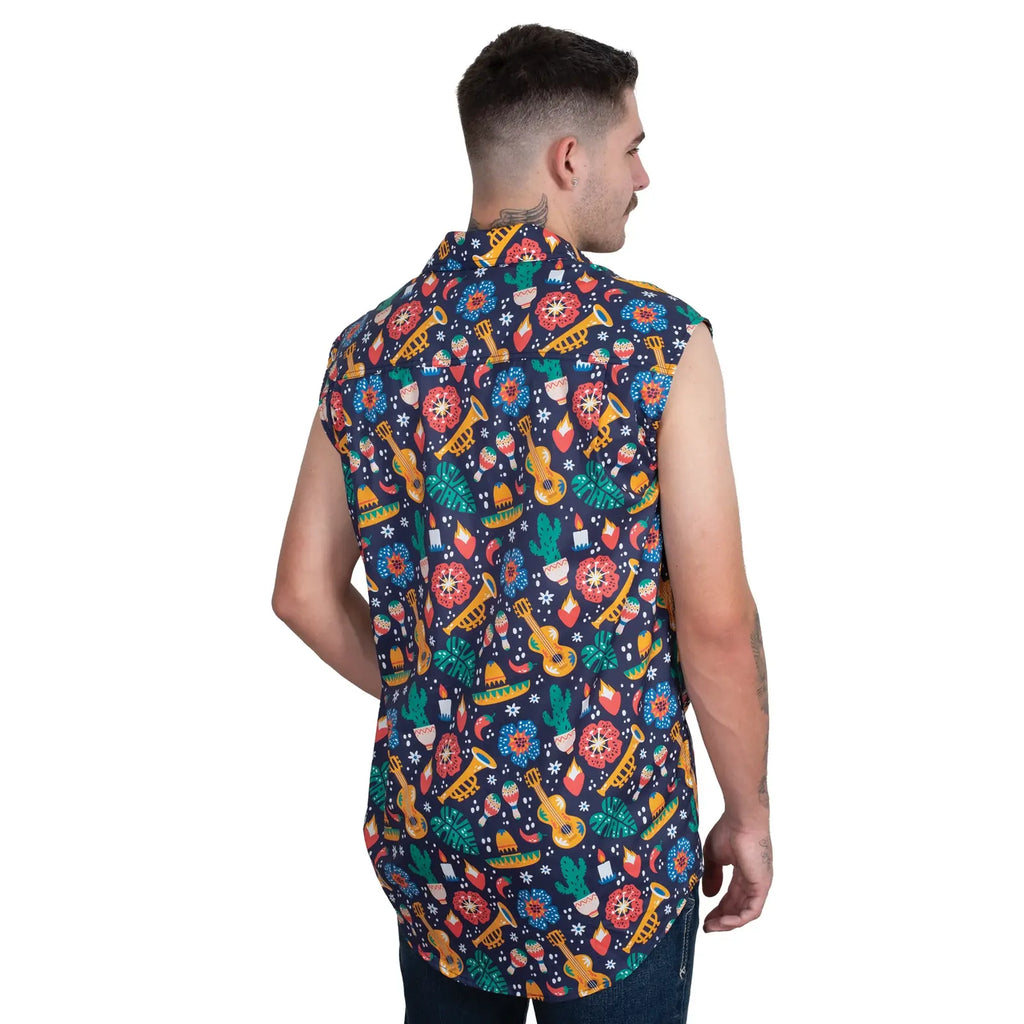 Just Country Mens Logan Half Button Sleeveless Print Shirt (MWNSR250) Navy Fiesta