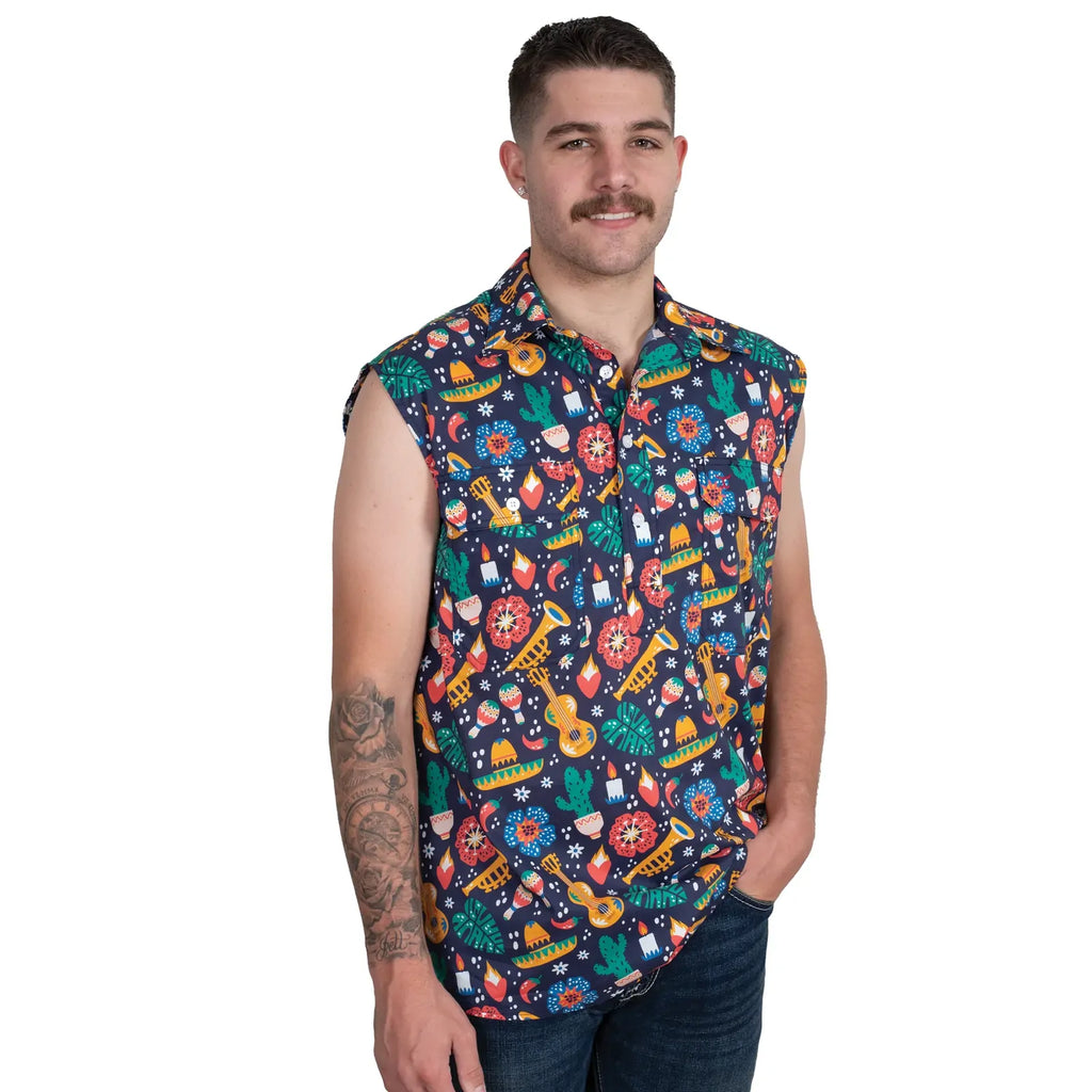 Just Country Mens Logan Half Button Sleeveless Print Shirt (MWNSR250) Navy Fiesta